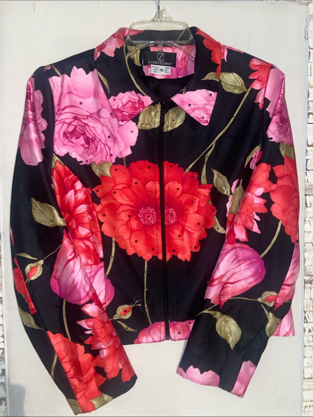 Lorizoni Women's 100% Silk Black Floral Zip-Front Jacket - Pink & Red Bloom